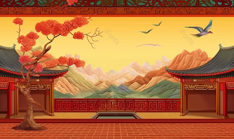 院子里的建筑红杏树山水画,插画/手绘图,插画/手绘图库,插画/手绘图下载,插画/手绘